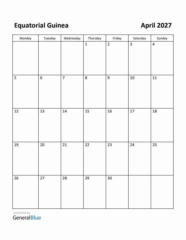 April 2027 Calendar with Equatorial Guinea Holidays