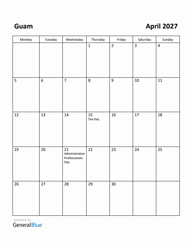 April 2027 Calendar with Guam Holidays