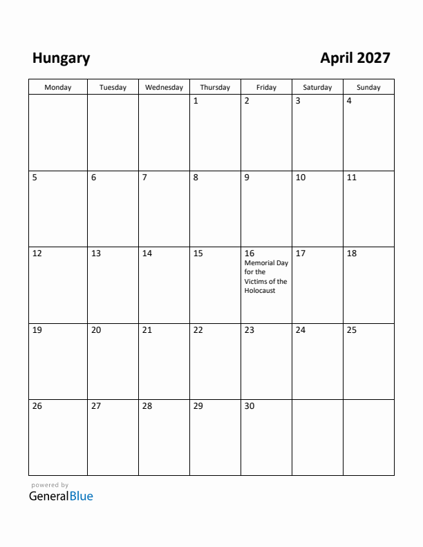 April 2027 Calendar with Hungary Holidays