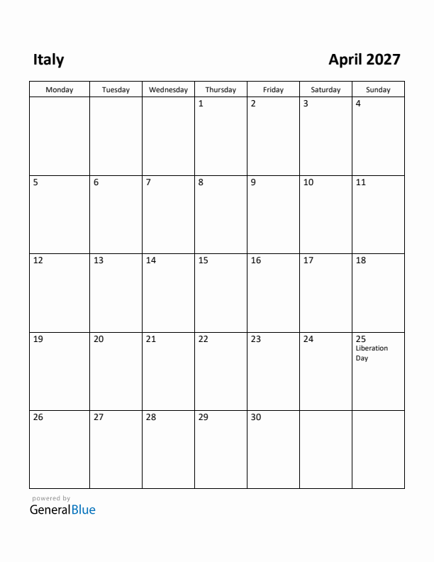 April 2027 Calendar with Italy Holidays