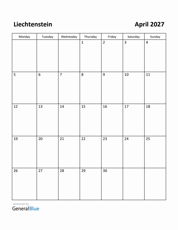 April 2027 Calendar with Liechtenstein Holidays