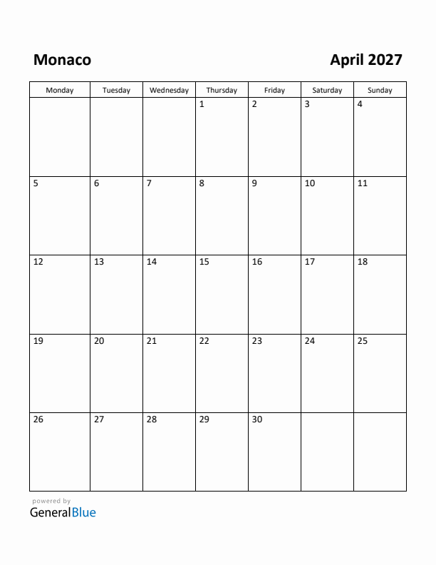 April 2027 Calendar with Monaco Holidays