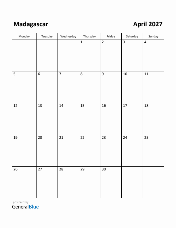 April 2027 Calendar with Madagascar Holidays