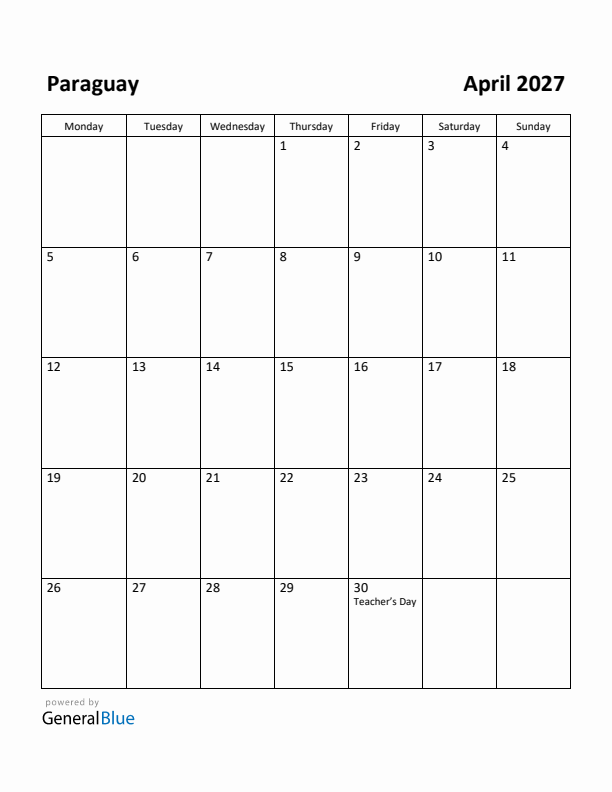 April 2027 Calendar with Paraguay Holidays