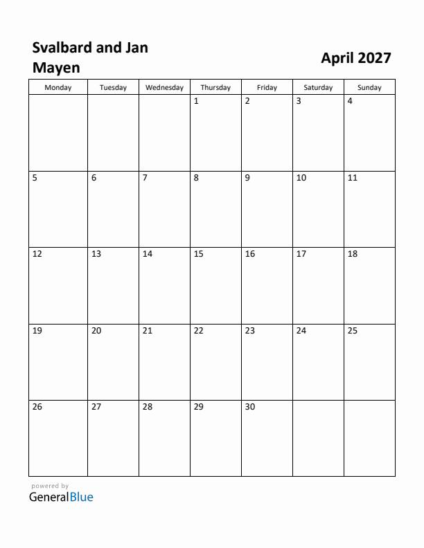 April 2027 Calendar with Svalbard and Jan Mayen Holidays