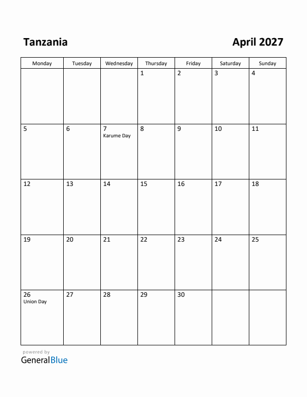 April 2027 Calendar with Tanzania Holidays