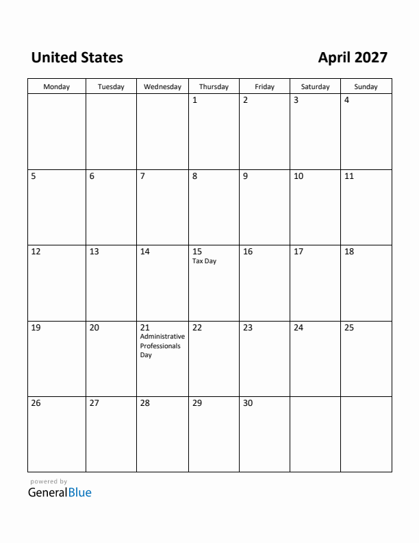 April 2027 Calendar with United States Holidays