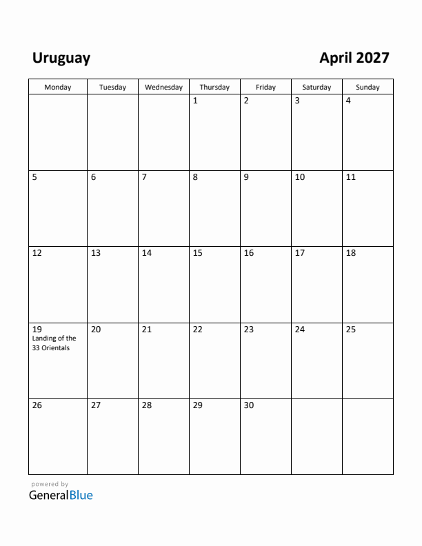 April 2027 Calendar with Uruguay Holidays