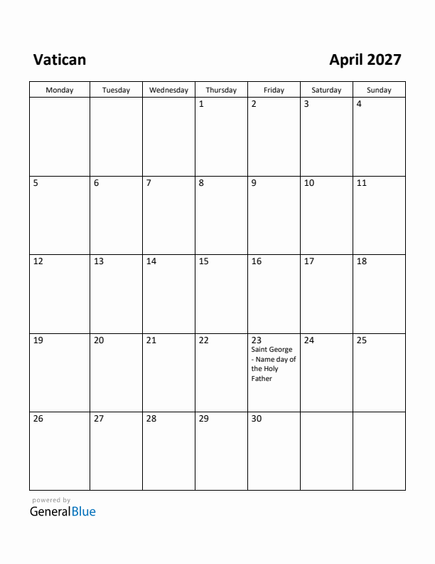 April 2027 Calendar with Vatican Holidays