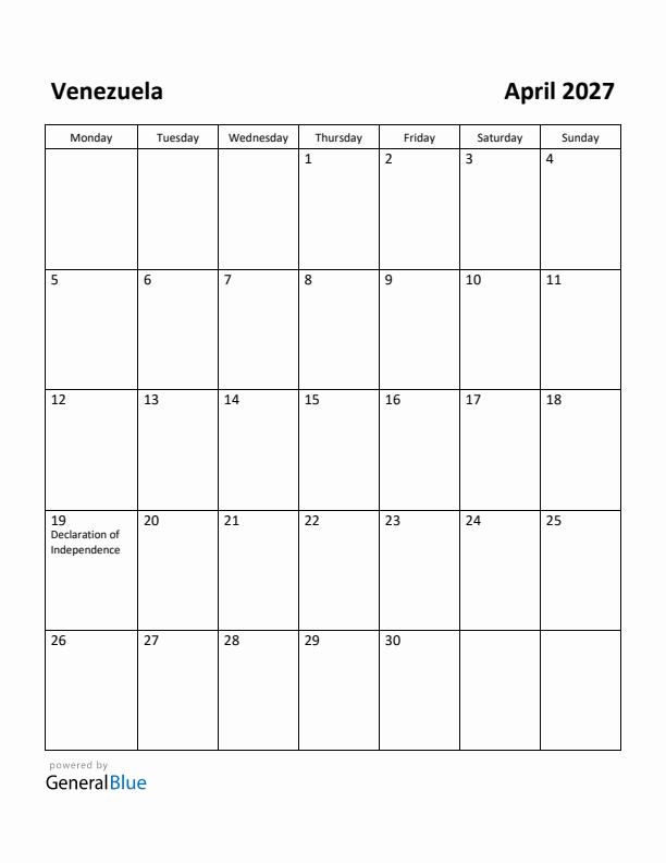 April 2027 Calendar with Venezuela Holidays