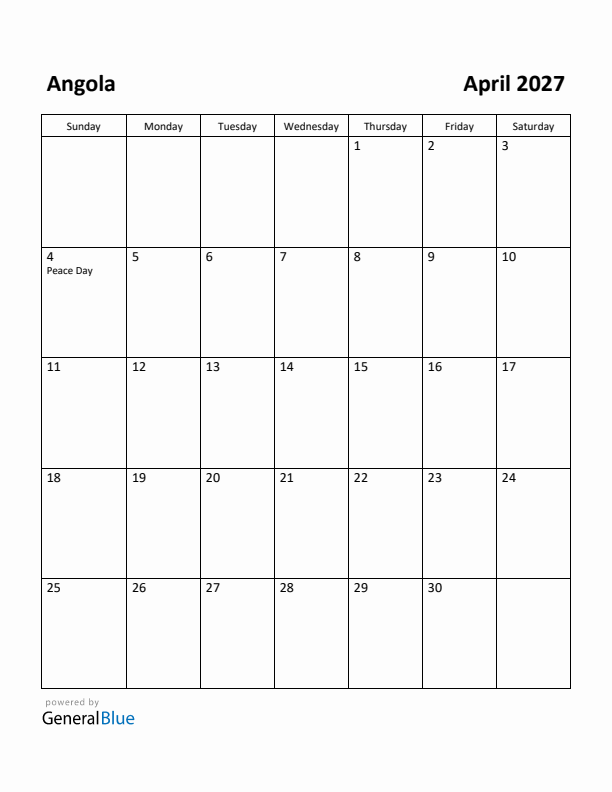 April 2027 Calendar with Angola Holidays