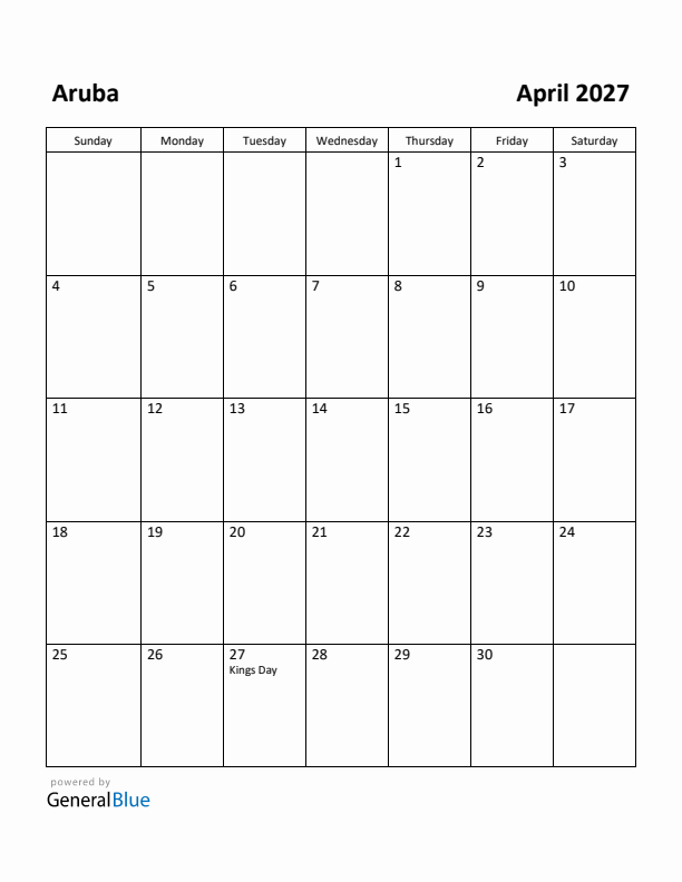 April 2027 Calendar with Aruba Holidays