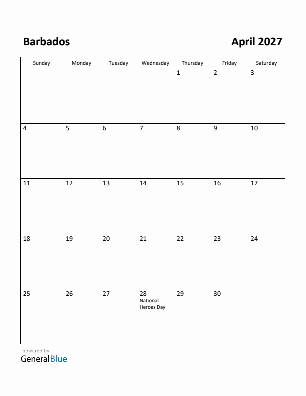 April 2027 Calendar with Barbados Holidays