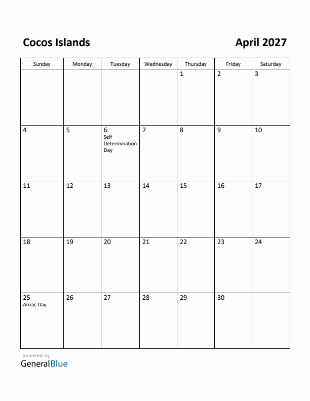 April 2027 Calendar with Cocos Islands Holidays