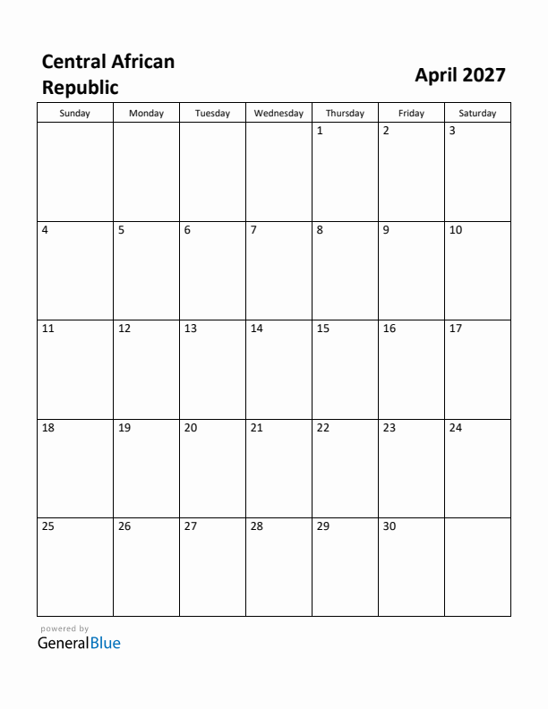 April 2027 Calendar with Central African Republic Holidays