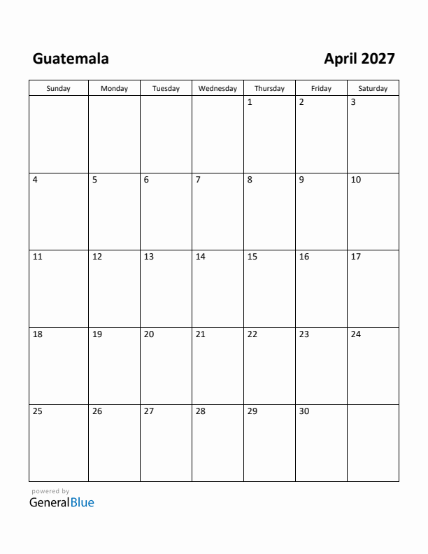 April 2027 Calendar with Guatemala Holidays