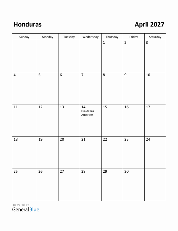 April 2027 Calendar with Honduras Holidays