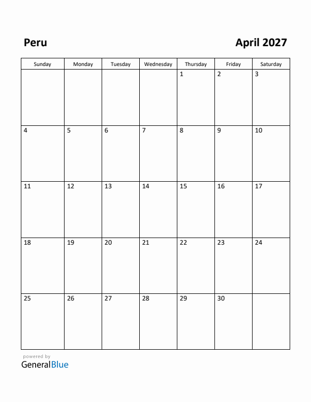 April 2027 Calendar with Peru Holidays