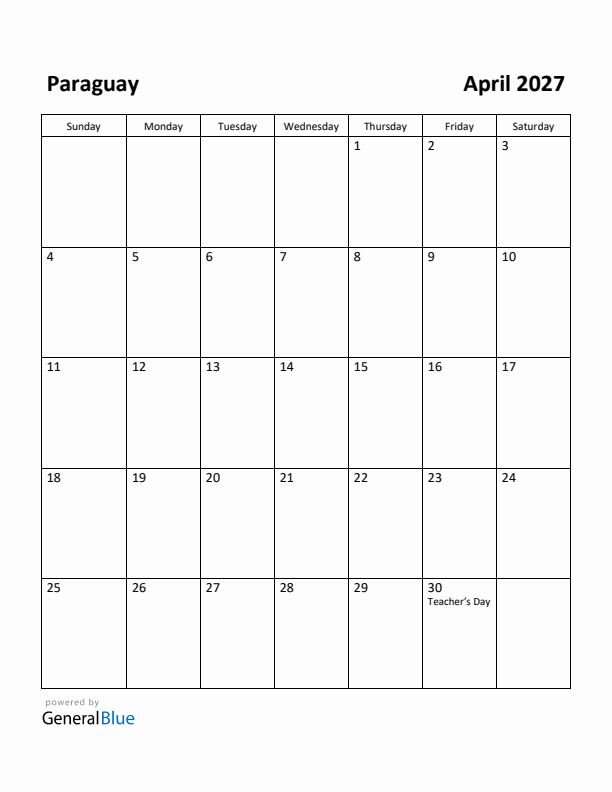 April 2027 Calendar with Paraguay Holidays