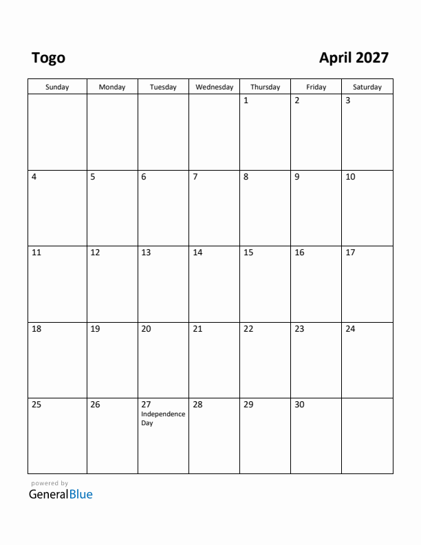 April 2027 Calendar with Togo Holidays