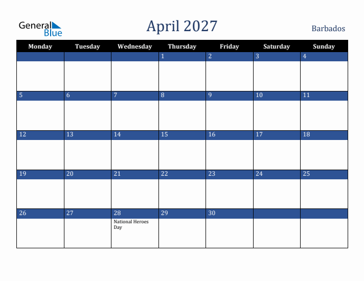 April 2027 Barbados Calendar (Monday Start)