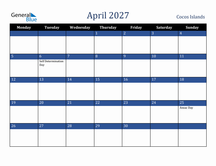 April 2027 Cocos Islands Calendar (Monday Start)