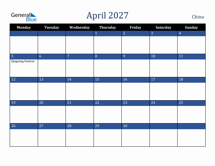 April 2027 China Calendar (Monday Start)