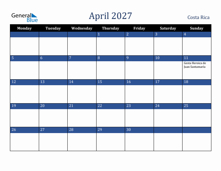April 2027 Costa Rica Calendar (Monday Start)