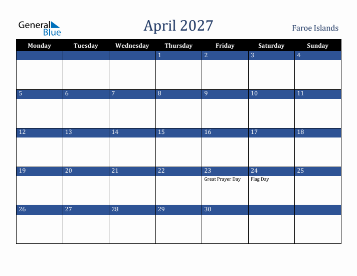 April 2027 Faroe Islands Calendar (Monday Start)