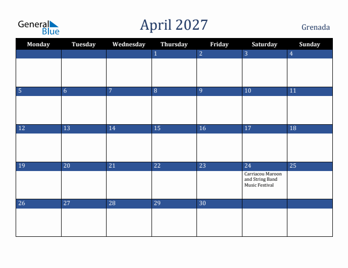 April 2027 Grenada Calendar (Monday Start)