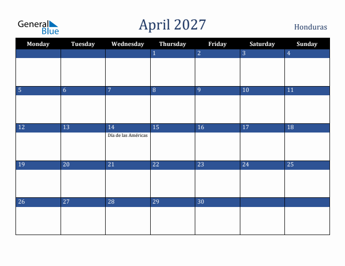 April 2027 Honduras Calendar (Monday Start)
