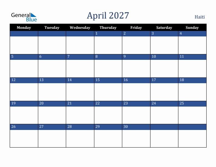 April 2027 Haiti Calendar (Monday Start)