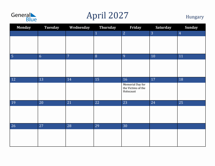 April 2027 Hungary Calendar (Monday Start)