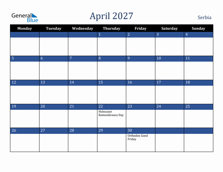 April 2027 Serbia Calendar (Monday Start)