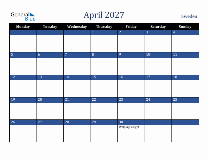 April 2027 Sweden Calendar (Monday Start)