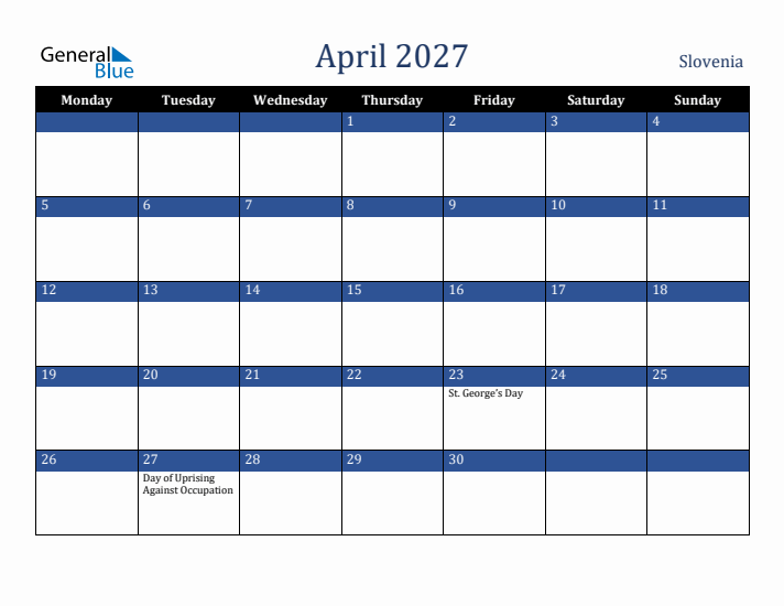 April 2027 Slovenia Calendar (Monday Start)