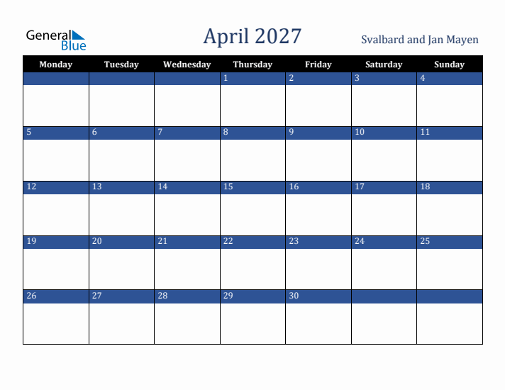 April 2027 Svalbard and Jan Mayen Calendar (Monday Start)