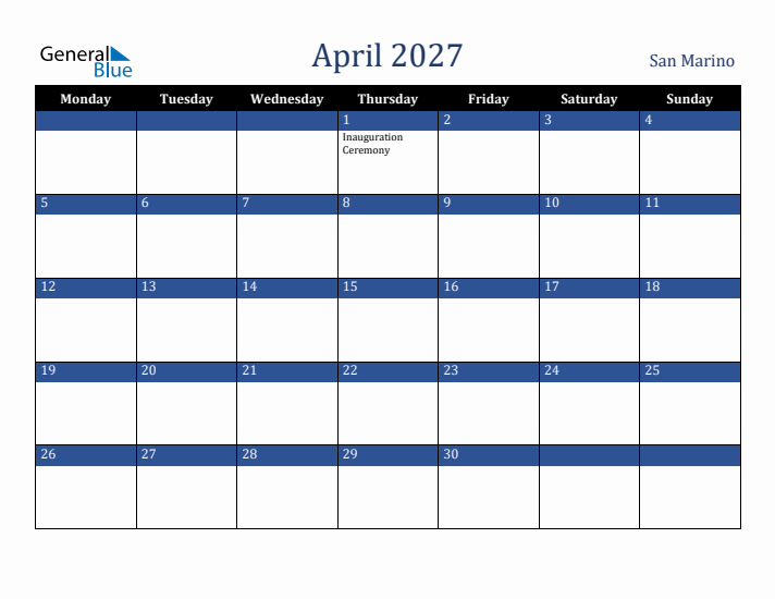 April 2027 San Marino Calendar (Monday Start)