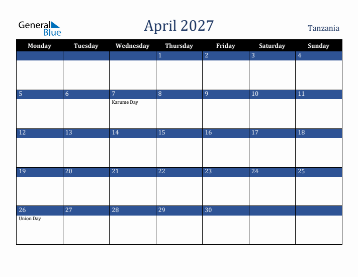 April 2027 Tanzania Calendar (Monday Start)