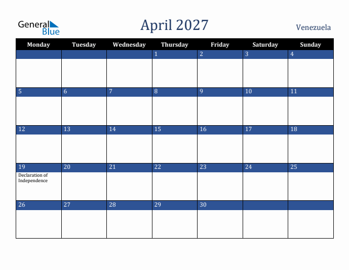 April 2027 Venezuela Calendar (Monday Start)