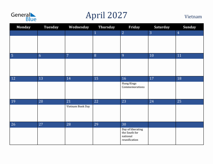 April 2027 Vietnam Calendar (Monday Start)