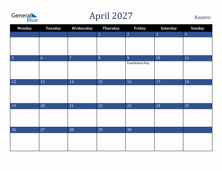 April 2027 Kosovo Calendar (Monday Start)
