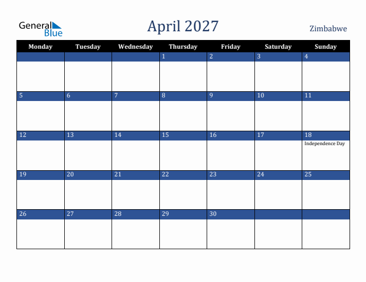 April 2027 Zimbabwe Calendar (Monday Start)