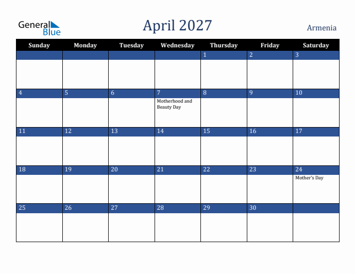 April 2027 Armenia Calendar (Sunday Start)