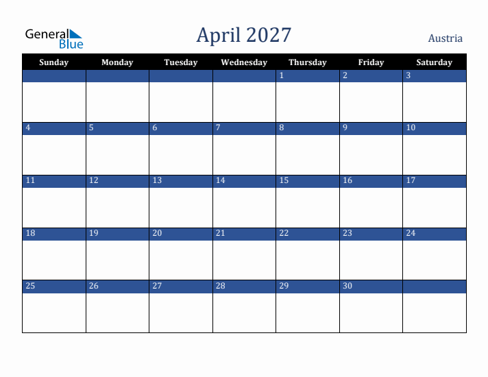 April 2027 Austria Calendar (Sunday Start)