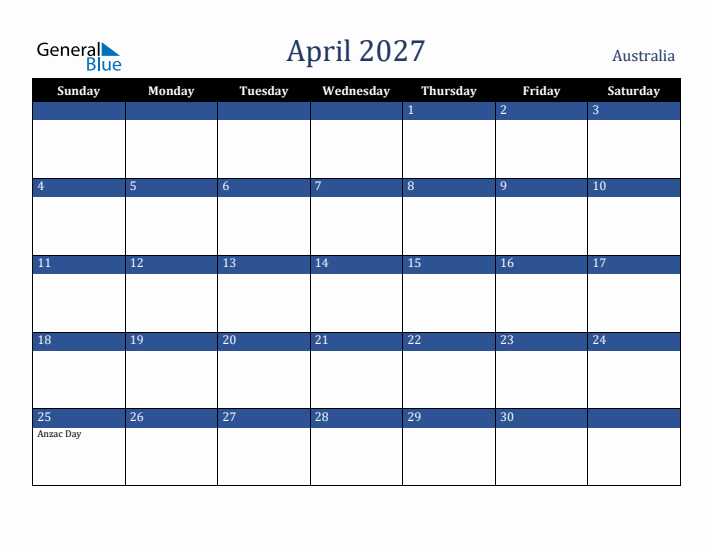 April 2027 Australia Calendar (Sunday Start)