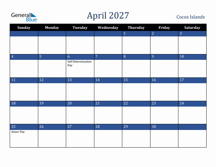 April 2027 Cocos Islands Calendar (Sunday Start)