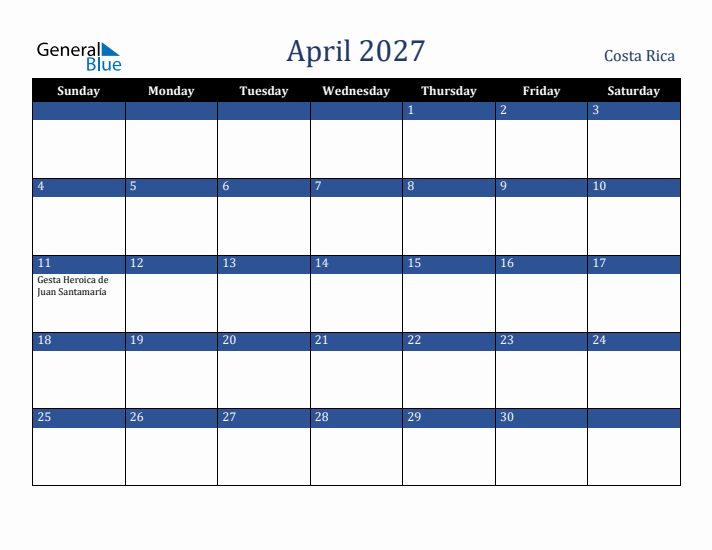 April 2027 Costa Rica Calendar (Sunday Start)