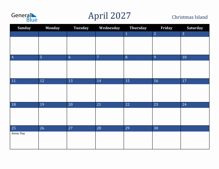 April 2027 Christmas Island Calendar (Sunday Start)