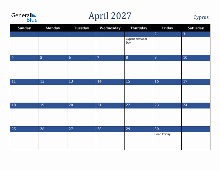 April 2027 Cyprus Calendar (Sunday Start)